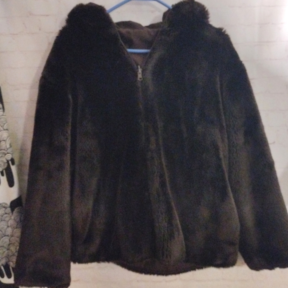Chocolate Brown Faux Fur Plush Front Zip Hoodie Jacket Hooded Handmade Sz Med